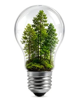 Green Forest Inside a Light Bulb Isolated on White Background, Sustainable Energy and Environmental Conservation Concept