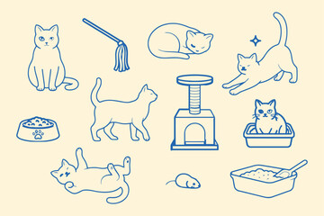 Line art Cats And Accessories Illustration With Pastel Yellow Setting © mdsaikat