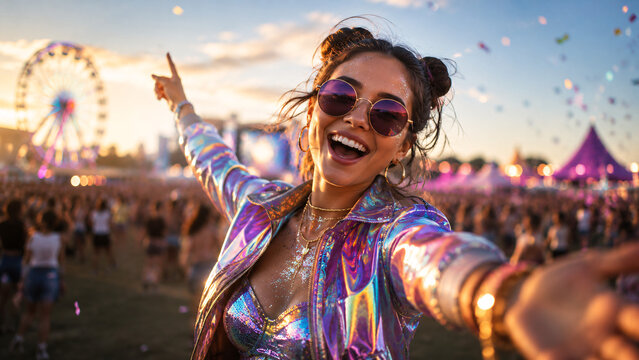 Happy young woman enjoying outdoor music festival at sunset. Cheerful girl dancing at concert party with ferris wheel, confetti, and crowd in background.