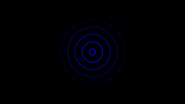 Minimalist blue concentric circles pulsing animation on black background, abstract digital signal waveform motion seamless loop for technology interface, cyber security, and data network