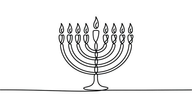Minimalist continuous line drawing of nine‑branched menorah with lit candles, abstract single stroke artwork, modern contour illustration symbolizing Hanukkah, Jewish culture, and celebration