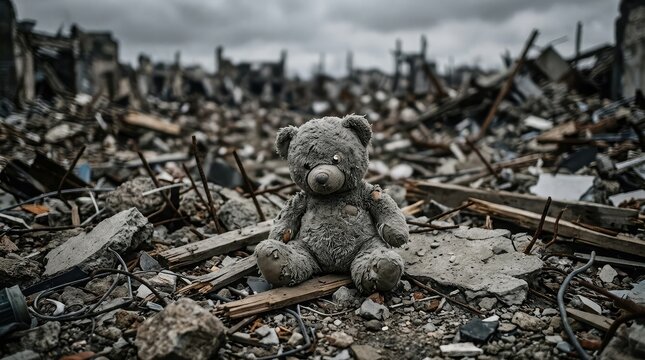 Teddy bear sitting on rubble in a war torn area with destroyed buildings
