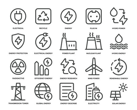 Set of sixteen energy and power source icons including renewable and traditional types