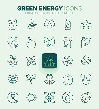 Set of minimalist green energy icons for sustainable living and renewable energy concepts