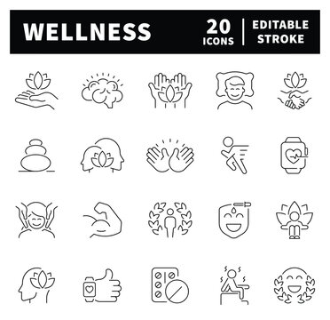 Set of twenty minimal wellness and healthy lifestyle icons with editable stroke