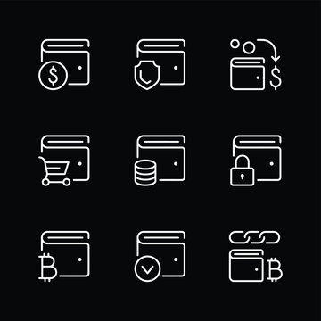 Set of nine minimalist wallet payment and cryptocurrency icons with different symbols