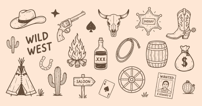 Wild West Collection Hand drawn Vector Illustration Of Western Objects