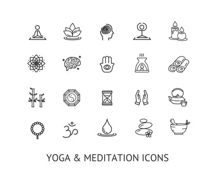 Minimalist yoga and meditation icons set with simple line art style