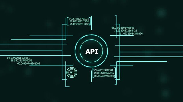 Advanced api integration interface with dynamic artificial intelligence data processing visualization and digital network connectivity hud for modern software development and cyber security tech