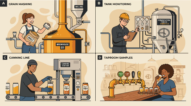 Professional illustration showing the complete craft brewery production process from brewing and monitoring to canning and tasting
