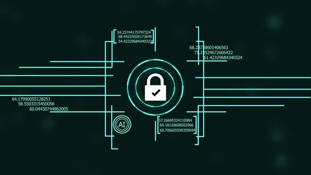 Advanced cybersecurity protection interface featuring ai-driven data encryption symbols and digital lock with real-time streaming numerical analytics for secure network infrastructure visualization
