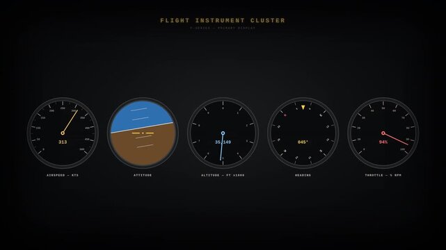 Aircraft Cockpit Avionic Instruments Dashboard with Attitude and Heading Indicators. Flight Simulator Gauge UI Elements Collection on Black Background.