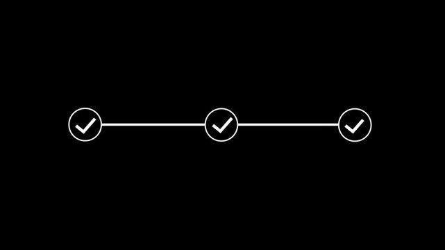 Minimalist progress bar animation with three sequential checkmark appearing on a clean black background, for business presentations, task completion tracking, and ui ux