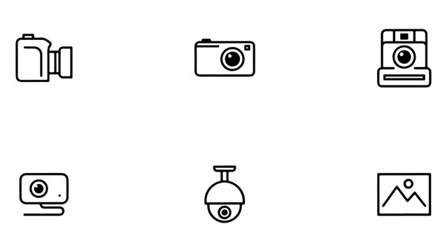 Photography and video surveillance equipment line icon set featuring dslr compact polaroid webcam security camera and landscape photo gallery thumbnail.