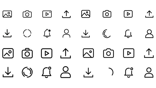 Minimalist interface line icon set for multimedia applications featuring photography camera video player media upload download notification and profile.