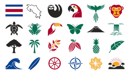 Costa Rica Icons set with flag map wildlife and nature symbols on white background vector illustration © Sadif