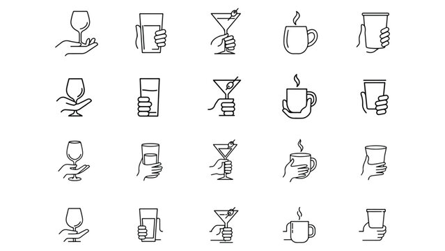 Collection of line style icons showing hands holding diverse drinking vessels including wine glass water cup martini glass coffee mug and plastic beaker.
