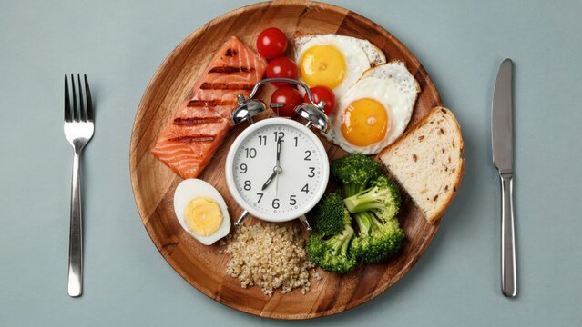 Healthy balanced meal with alarm clock for intermittent fasting