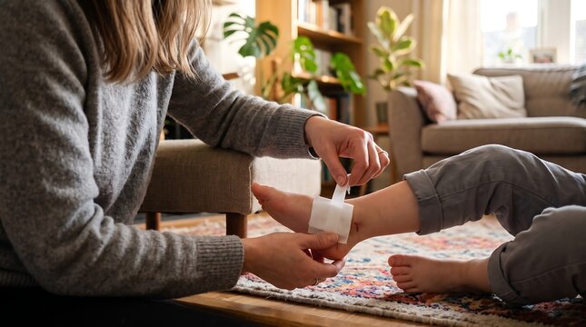 Caring Parent Applying Sterile Adhesive Bandage to Child Ankle Injury at Home for First Aid Treatment and Recovery