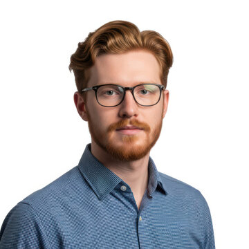 A man with red hair and glasses looks directly at the camera with a neutral expression.