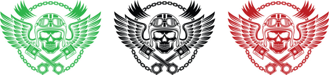 Three biker skull emblems with chain goggles wings and pistons in green black and red helmet © QueenMomtaz 