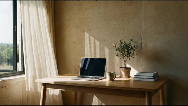 Laptop on wooden desk in sunlit room with plant. Workspace for remote work at home. Minimalist home office interior design for freelancer and business activity.