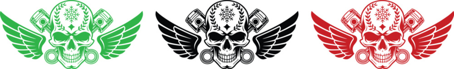 Three stylized skull emblems with wings and engine pistons in green black and red motorcycle © QueenMomtaz 