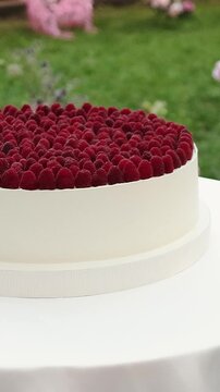 Vertical video. Beautiful round wedding cake with fresh raspberries at a romantic outdoor wedding.