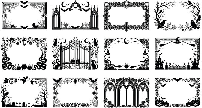 Set of spooky halloween themed rectangular frames with ghosts, pumpkins, bats, skulls, and gothic architecture elements transparent background