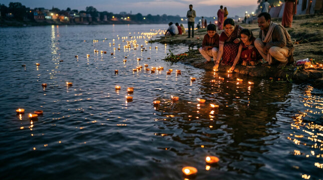 Indian family floating lit oil diya lamps on Ganges river at dusk. Parents, son and daughter placing traditional candles in water during religious ceremony celebration and festival ritual