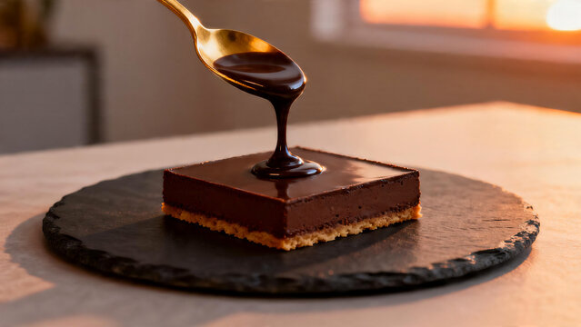 Golden caramel liquid pouring onto white panna cotta