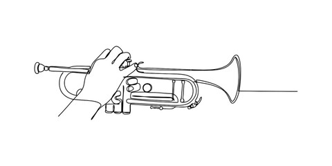 Continuous single line drawing of a human hand playing a trumpet musical instrument © Badhon_Designer