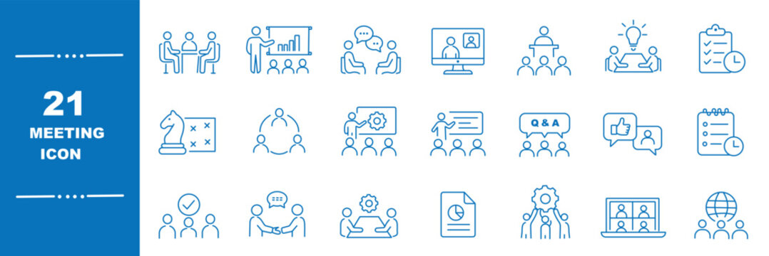Outline icons set - seminars, lectures, presentations, webinar and online business meeting. Business people, teamwork. Thin line icon collection.