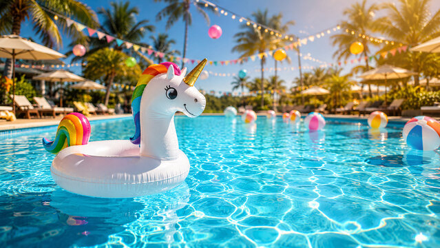 Sunny luxury swimming pool party with inflatable unicorn float, colorful beach balls, tropical palm trees and party decorations, concept of summer vacation, resort leisure, and holiday fun