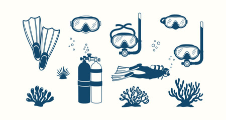 Scuba Diving Equipment Set with Masks Fins Snorkels Oxygen Tanks and Diver Silhouette Vector Icons © Riyad29
