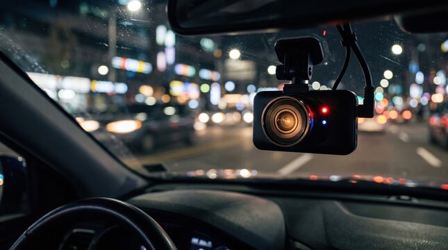 Close up dash camera in night traffic