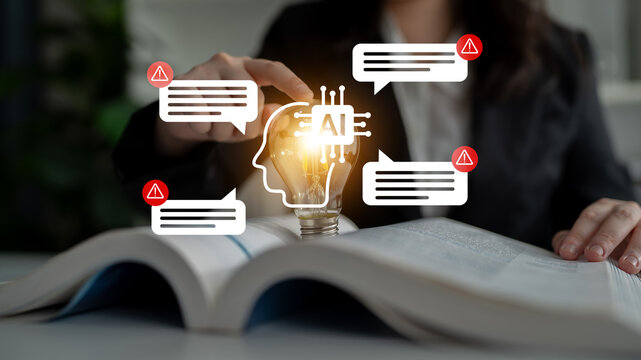 Conceptual image illustrating artificial intelligence integration in legal practice with light bulb, warning signs, and conversation bubbles representing innovation and caution Gantry.