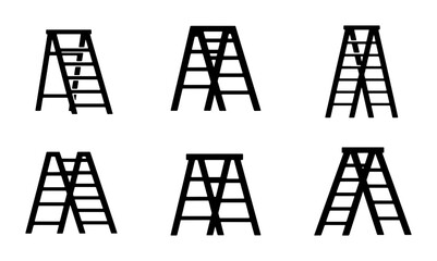 Six Black Silhouette Ladder Icons, A-Frame and Straight Designs, Simple Vector Graphics for Construction and DIY © Hamim