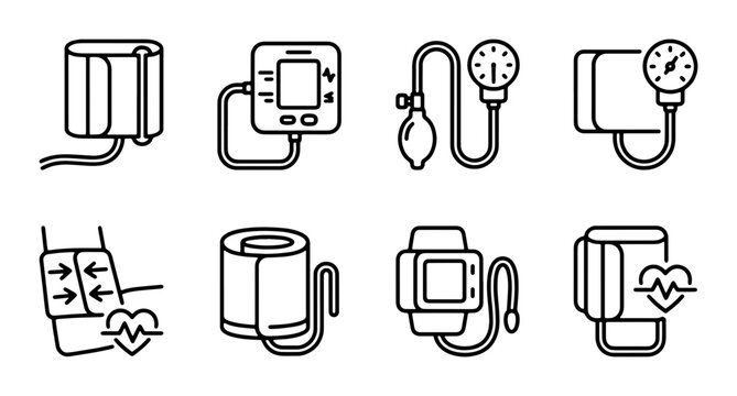 Blood Pressure Monitor Icons, Medical Device Set, Health Care Equipment Vector Graphics