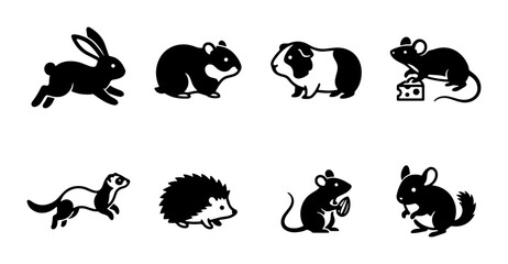 Obraz premium Cute Pet Icons Set, Adorable Small Mammal Vector Graphics, Simple Black and White Animal Illustrations