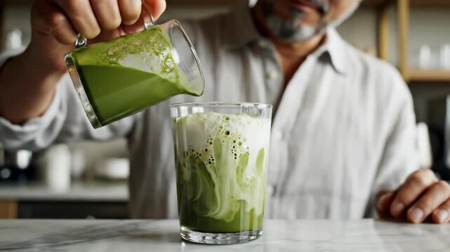 Man pouring vibrant green matcha drink into a glass of white milk close-up