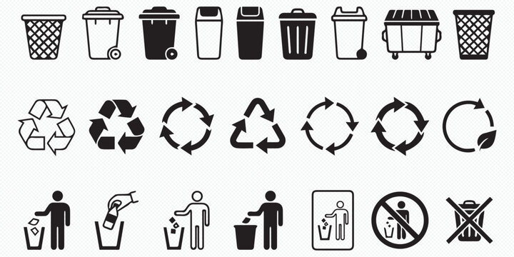 Black and white trash can icon set vector illustration silhouette symbols for web business travel and design use minimal waste bin signage collection