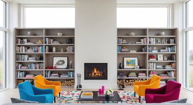 Elegante soggiorno moderno caratterizzato da un camino a legna centrale, grandi librerie a muro e ampie finestre che offrono luce naturale, tappeto, interno, salotto