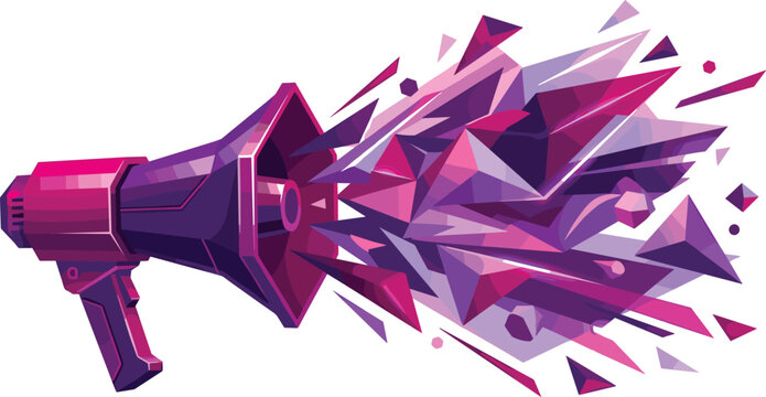Abstract Geometric Megaphone Vector Illustration with Exploding Pink and Purple Crystal Shards for Modern Digital Marketing Campaigns Sound Waves and PR Announcement Layouts