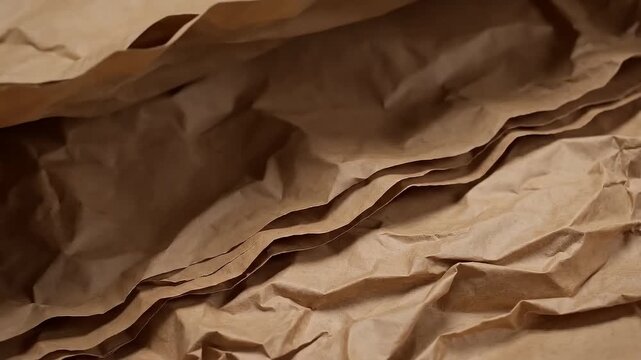Close up of brown kraft paper texture with deep folds and natural creases in warm light