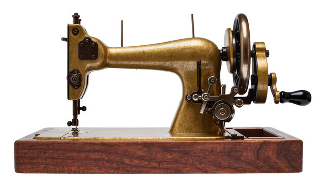 Isolated antique brass sewing machine on a wooden base with vintage craftsmanship and historical charm