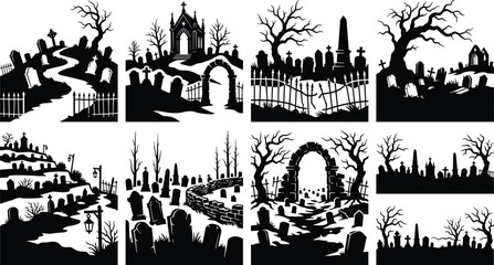Obraz premium Haunted Graveyard Cemetery Black Silhouette Landscape Bundle with Gothic Tombstones and Halloween Vector Scene Collection