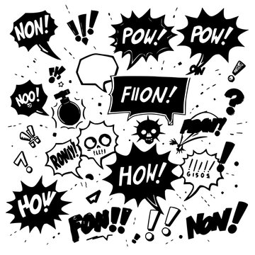 Speech bubbles and symbols set with comic-style illustrations depicting strong emotions and profanity featuring exclamations, skulls, bombs with lightning and punctuation