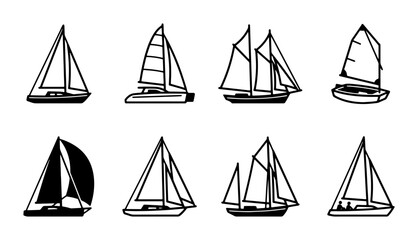 Set of 8 Vector Sailboats, Nautical Vessels, Sailing Ships, Marine Transport Icons © Dulal
