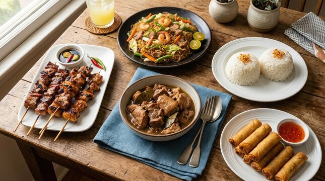 Traditional filipino dishes on a wooden table